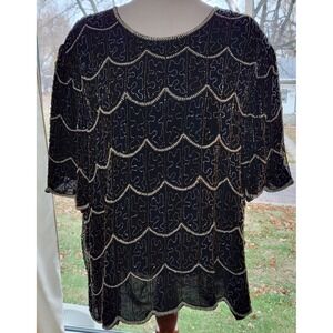 Vtg Scala 100% Silk Embellished Sequin Top Scallop Hem Y2K 90s Party Cocktail 5X